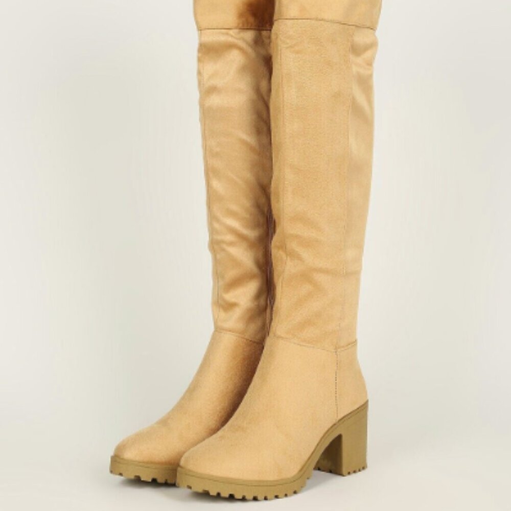Almond Toe Lug Chunky Heel Over The Knee Boots - Picture 4 of 5
